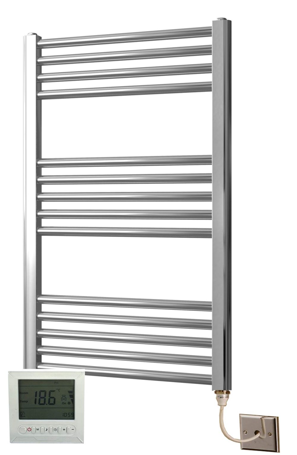 York Chrome Electric Towel Rail Curved 600 x 1800mm with Bidex Controller