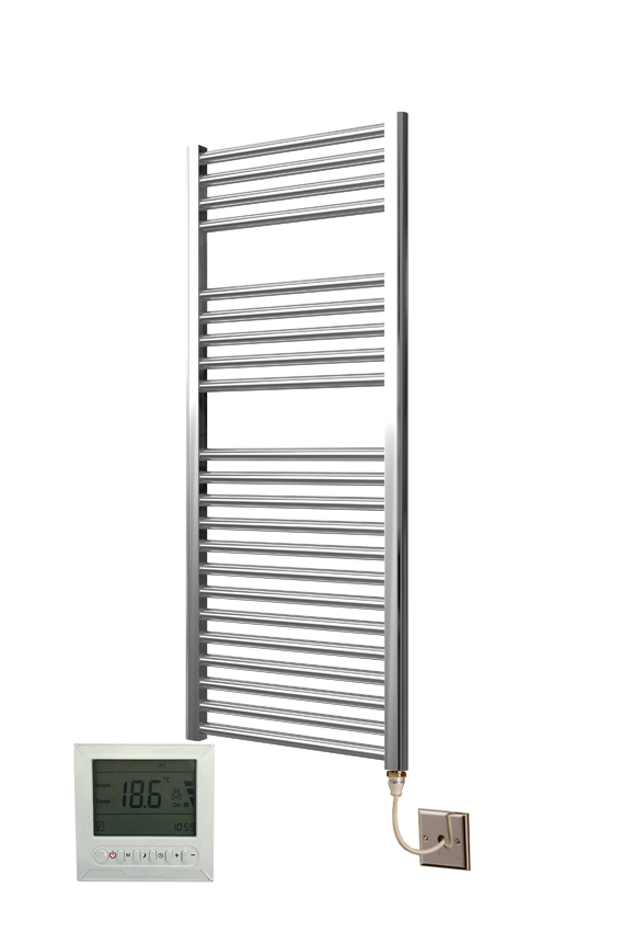 Greened House Electric Chrome 600W x 1200H Curved Towel Rail Timer and Room Thermostat 