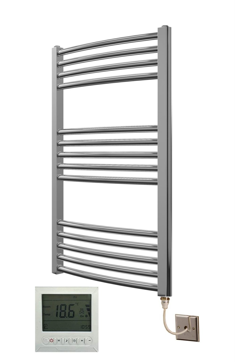 Chrome electric towel rails with thermostat/timer